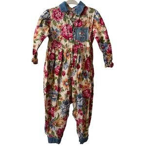 Vintage 90s Baby Beluga New York Floral Jardin Jumpsuit Denim Collar embroidered